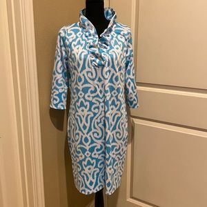 Beautiful Gretchen Scott blue & white ruffle dress